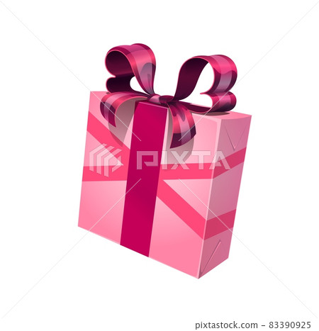 Holiday gift box, vector present wrapped with pink wrapping paper and sumptuous bow. Isolated cartoon rectangular giftbox for festive event Christmas, Valentine Day, Birthday or New Year celebration 83390925