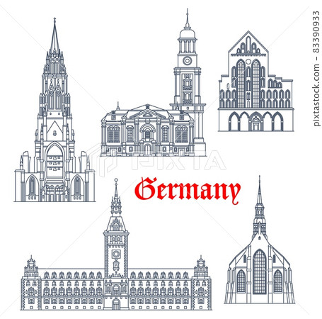 Germany travel landmarks and architecture buildings of Hamburg and Lubeck, vector. German architecture of St Catherine Church, Michael and Nicholas church in Lubeck, Rathaus city hall of Hamburg Germany travel landmarks and architecture buildings of Hamburg and Lubeck, vector. German architecture of St Catherine Church, Michael and Nicholas church in Lubeck, Rathaus city hall of Hamburg 83390933