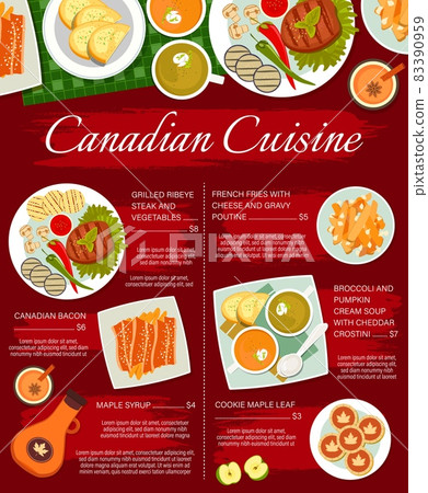 Canadian cuisine restaurant meals menu template. Grilled ribeye steak, Canadian bacon and maple syrup, french fries , broccoli and pumpkin cream soup with Cheddar Crostini, maple leaf cookies vector Canadian cuisine restaurant meals menu template. Grilled ribeye steak, Canadian bacon and maple syrup, french fries , broccoli and pumpkin cream soup with Cheddar Crostini, maple leaf cookies vector 83390959