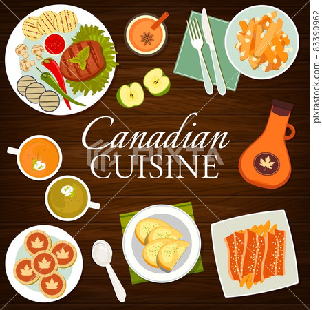 Canadian cuisine meat meals menu cover. Grilled ribeye steak, french fries with gravy poutine, maple syrup, broccoli and pumpkin soup with Cheddar Crostini, Canadian bacon, maple leaf cookies vector Canadian cuisine meat meals menu cover. Grilled ribeye steak, french fries with gravy poutine, maple syrup, broccoli and pumpkin soup with Cheddar Crostini, Canadian bacon, maple leaf cookies vector 83390962