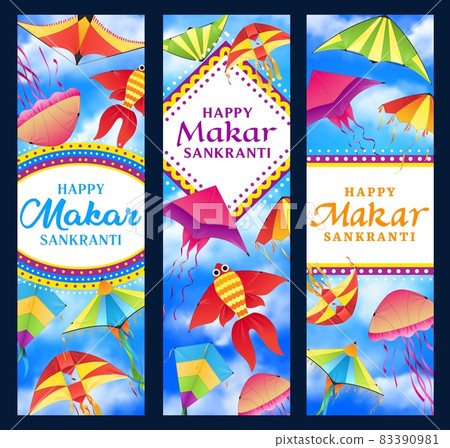Indian Makar Sankranti holiday vector banners of Hindu religion kite festival. Cartoon kites flying in blue cloudy sky, fish, bird and butterfly paper wind toys with colorful threads greeting card 83390981
