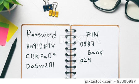 The concept of complex passwords, pin code for the bank written in a notepad The concept of complex passwords, pin code for the bank written in a notepad 83390987