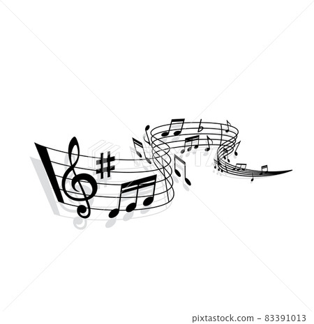 Music wave of vector sheet music with musical notes, swirling staff, treble clef, bar lines and sharp symbol with shadow. Musical notation marks of melody, song and sound composition design 83391013