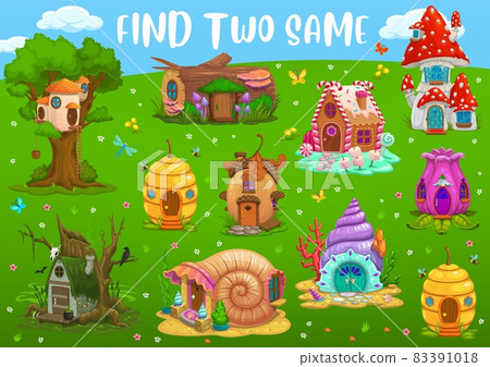 Find two same fantasy dwelling houses, kids maze game, vector tabletop. Kids puzzle board game to find similar cartoon hoes of dwarf or gnome elf in beehive, acorn and snail, seashell and mushroom 83391018