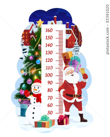 Kids height chart with Christmas Santa in winter town, vector growth meter. Kids height measure chart or baby tall scale, cartoon Xmas tree with holiday decoration and snowman with Christmas gifts Kids height chart with Christmas Santa in winter town, vector growth meter. Kids height measure chart or baby tall scale, cartoon Xmas tree with holiday decoration and snowman with Christmas gifts 83391020
