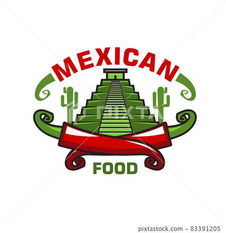 Mexican cuisine food icon with Aztecs or Maya ancient pyramid, cactus plant and crossed hot chili peppers. Mexican restaurant vector emblem or icon with Mesoamerican culture symbols Mexican cuisine food icon with Aztecs or Maya ancient pyramid, cactus plant and crossed hot chili peppers. Mexican restaurant vector emblem or icon with Mesoamerican culture symbols 83391205
