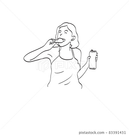 girl eating fried chicken and cola illustration vector isolated on white background line art. girl eating fried chicken and cola illustration vector isolated on white background line art. 83391431
