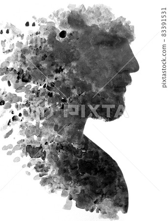 Paintography. A portrait of a man combined with various ink splashes. 83391531