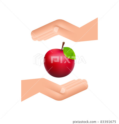 Vector stock illustration of detailed big shiny red apple hanging over hands. 83391675