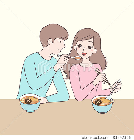 Couple drinking chicken soup together 83392306