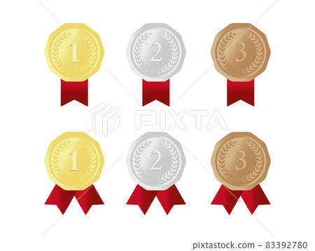 Gold, silver and bronze ranking medal set with red ribbon and laurel wreath 83392780