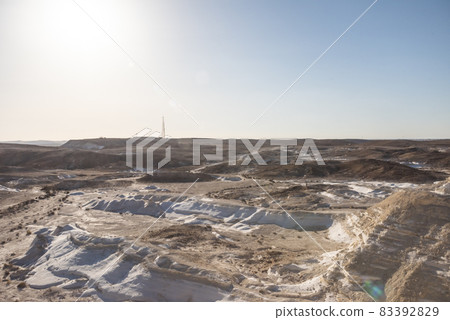 Beautiful lunar landscape. Wight and smooth hills in various shapes in a desert landscape. The whitish, rounded, winding, and smooth chalk rocks. Israel. Beautiful lunar landscape. Wight and smooth hills in various shapes in a desert landscape. The whitish, rounded, winding, and smooth chalk rocks. Israel. 83392829