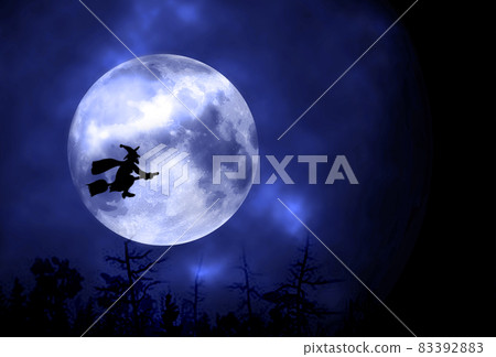 Silhouette of witch woman on the background of the blue moon. Halloween concept. Selective focus Silhouette of witch woman on the background of the blue moon. Halloween concept. Selective focus 83392883