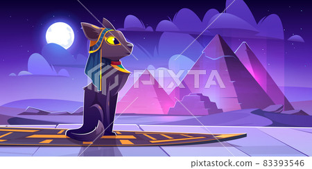 Egyptian goddess Bastet in desert with pyramids Egyptian goddess Bastet in desert with pyramids 83393546