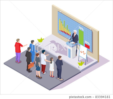 Liar politician with pinocchio nose shadow speaking in front of people, vector isometric illustration. Liar politics. Liar politician with pinocchio nose shadow speaking in front of people, vector isometric illustration. Liar politics. 83394181