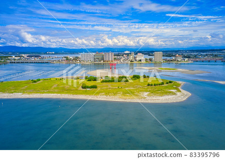 Taken from the sky with a drone including the famous Bentenjima sightseeing symbol tower of Lake Hamana in Hamamatsu City, Shizuoka Prefecture, Akatorii Taken from the sky with a drone including the famous Bentenjima sightseeing symbol tower of Lake Hamana in Hamamatsu City, Shizuoka Prefecture, Akatorii 83395796