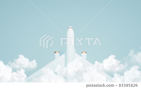 Pastel pink plane flying in the sky with clouds . Plane take off and pastel background. Minimal idea concept. Airline concept travel plane passengers. Jet commercial aircraft. 3d render	 83395826