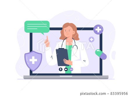 Laptop screen with a female doctor. Online medical services, consultation and telemedicine concept. Vector flat illustration isolated on white background. 83395956