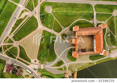 View from the height of the Mir Castle in Belarus and the park on a summer day.Belarus 83396259