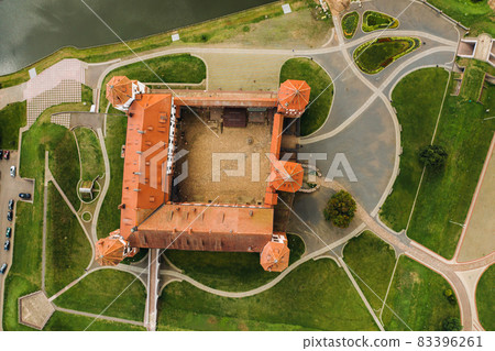 View from the height of the Mir Castle in Belarus and the park on a summer day.Belarus 83396261