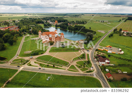 View from the height of the Mir Castle in Belarus and the park on a summer day.Belarus 83396292