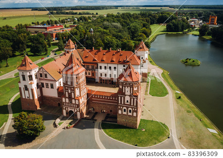 View from the height of the Mir Castle in Belarus and the park on a summer day.Belarus View from the height of the Mir Castle in Belarus and the park on a summer day.Belarus 83396309