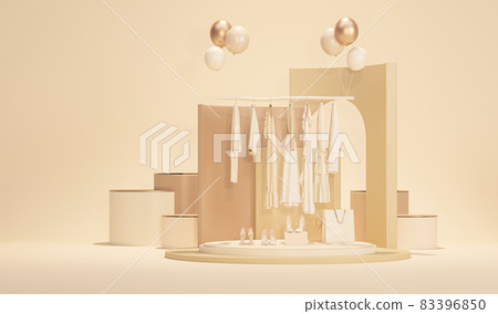Clothes on a hanger surrounding by shopping bag and gift on pastel background. Collection of clothes hanging on a rack in neutral beige colors. 3d rendering, store and sale concept Clothes on a hanger surrounding by shopping bag and gift on pastel background. Collection of clothes hanging on a rack in neutral beige colors. 3d rendering, store and sale concept 83396850