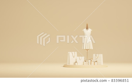 Clothes on a hanger surrounding by shopping bag and gift on pastel background. Collection of clothes hanging on a rack in neutral beige colors. 3d rendering, store and sale concept Clothes on a hanger surrounding by shopping bag and gift on pastel background. Collection of clothes hanging on a rack in neutral beige colors. 3d rendering, store and sale concept 83396851