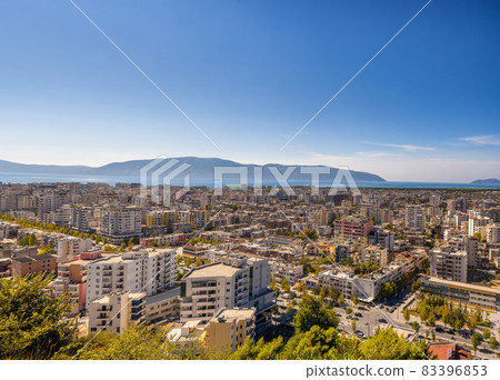 View of the city Vlore in Albania. Vlore is the second largest port city of Albania 83396853