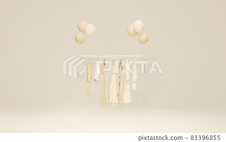 Clothes on a hanger surrounding by shopping bag and gift on pastel background. Collection of clothes hanging on a rack in neutral beige colors. 3d rendering, store and sale concept 83396855