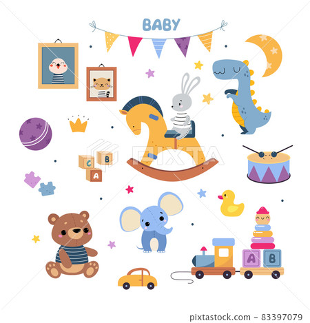 Colorful Kids Toys with Rocking Horse, Stuffed Teddy Bear and Train Vector Set 83397079