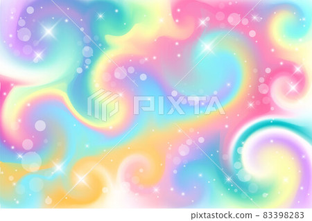 Fantasy background. Holographic illustration in pastel colors. Cute cartoon girly background. Bright multicolored sky with stars and bokeh. Vector. 83398283