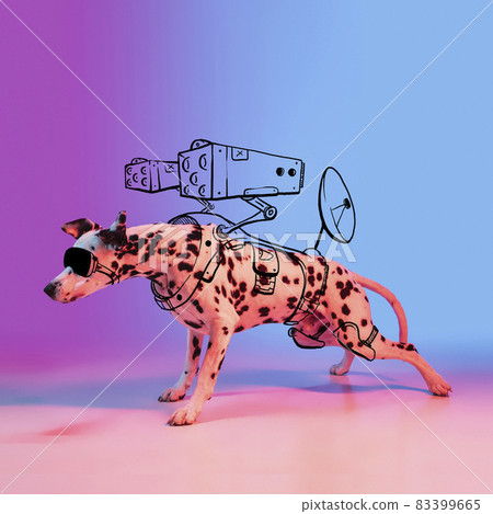 Modern artwork. One cute dog, Dalmatian like alien warrior isolated on gradient neon purple studio background with drawings. 83399665