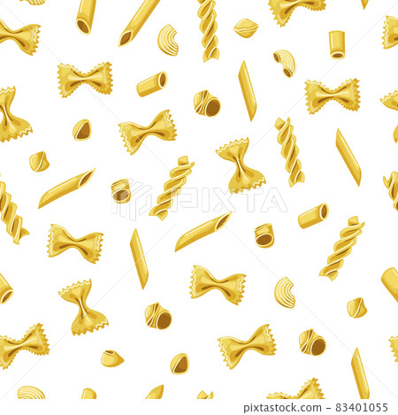 Paste seamless pattern. Various cartoon style pasta. Decor of the Italian restaurant menu. Vector background. 83401055