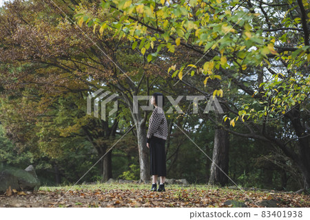 在秋季自然公園散步的女人 在秋季自然公園散步的女人 83401938