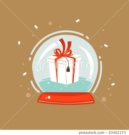 Hand drawn vector abstract fun Merry Christmas and Happy New Year time cartoon illustration greeting card with xmas surprise gift box in snow globe sphere isolated on brown background Hand drawn vector abstract fun Merry Christmas and Happy New Year time cartoon illustration greeting card with xmas surprise gift box in snow globe sphere isolated on brown background 83402373