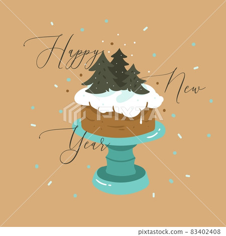 Hand drawn vector abstract fun Merry Christmas and Happy New Year time cartoon illustration greeting card with xmas cake stand and Happy New Year text isolated on brown background 83402408