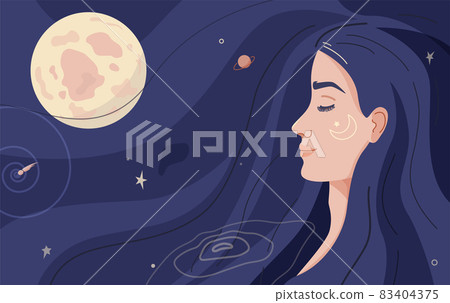Night vector illustration with sleeping young beautiful woman, long hair, dark cosmic space and romantic moon. Sleep concept background in flat cartoon modern style Night vector illustration with sleeping young beautiful woman, long hair, dark cosmic space and romantic moon. Sleep concept background in flat cartoon modern style 83404375