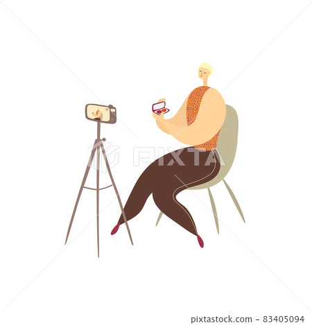 Beautiful young man is talking about cosmetics to the camera. Online makeup courses, beauty blog concept. Flat vector illustration 83405094