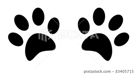 Silhouettes of pads of the cat paws. Animal paw prints on ground. Simple black and white vector isolated on white background 83405715