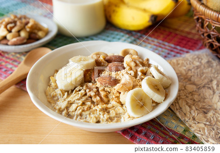 Healthy breakfast with oatmeal and soy milk Breakfast with oatmeal 83405859