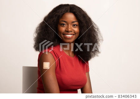 Portrait Of Vaccinated Black Woman Showing Arm With Plaster After Covid-19 Vaccination Portrait Of Vaccinated Black Woman Showing Arm With Plaster After Covid-19 Vaccination 83406343