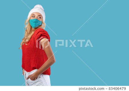 Happy Vaccinated Woman In Hat Posing With Adhesive Bandage Happy Vaccinated Woman In Hat Posing With Adhesive Bandage 83406479