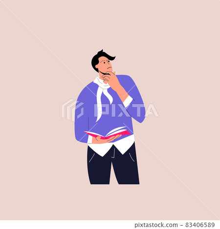 A young thoughtful man in a scarf touches his chin thinking for solution gathering ideas for best decision. Concept of making decisions and solving problems, perplexity and the thought process. A young thoughtful man in a scarf touches his chin thinking for solution gathering ideas for best decision. Concept of making decisions and solving problems, perplexity and the thought process. 83406589
