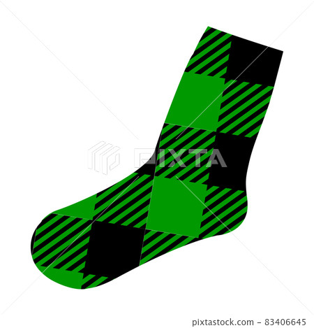 Warm winter sock with black and green buffalo pattern. Human foot shape with gingham checkered print. Vector flat illustration Warm winter sock with black and green buffalo pattern. Human foot shape with gingham checkered print. Vector flat illustration 83406645