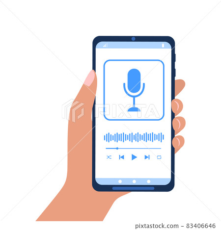 Hand holding smartphone with podcast player interface on screen. Listening music, online radio or live stream on mobile app concept. Vector flat illustration Hand holding smartphone with podcast player interface on screen. Listening music, online radio or live stream on mobile app concept. Vector flat illustration 83406646