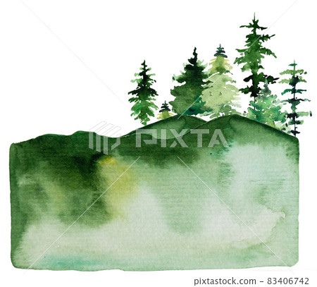 Winter Christmas Watercolor with green coniferous trees landscape 83406742