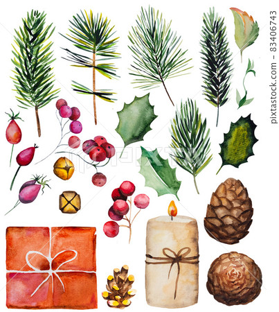 Winter Christmas Watercolors set with fir tree branches, berries, pine cones, present and candle Winter Christmas Watercolors set with fir tree branches, berries, pine cones, present and candle 83406743