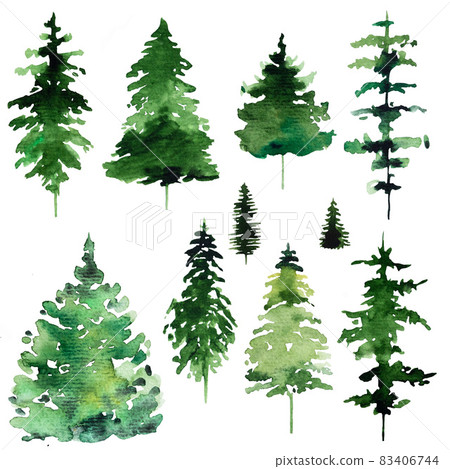 Winter Christmas Watercolors set with green coniferous trees Winter Christmas Watercolors set with green coniferous trees 83406744