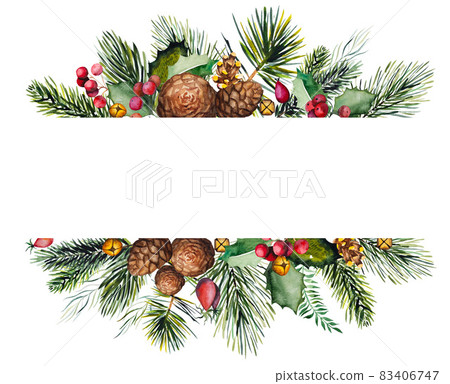 Winter Christmas Watercolors frame with fir tree branches, berries, pine cones and bells Winter Christmas Watercolors frame with fir tree branches, berries, pine cones and bells 83406747